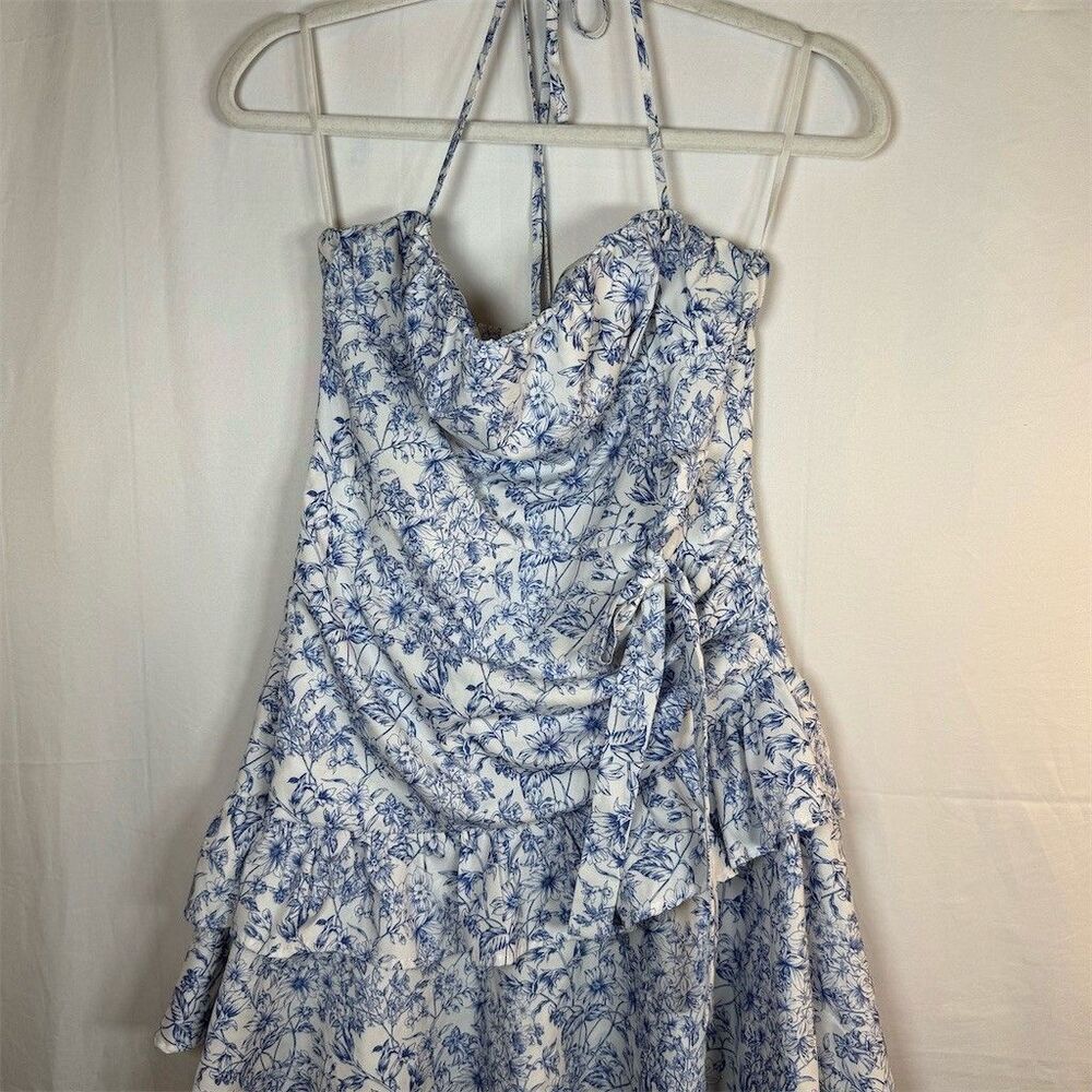 Womens Halter Mini Dress Size S Blue & White Floral Ruched Side Tie